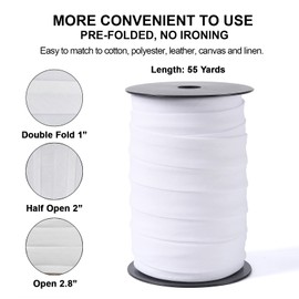 Bias Tape Double Fold 1 inch, Double Fold Bias Binding Tape 55 Yards (White) and 4 Pieces Sewing Fabric Chalks for Crafts, Sewing, Seaming, Hemming, Piping, Quilting.