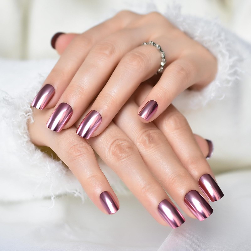 EchiQ Chrome Punk Metallic Pink Square Press On False Nails