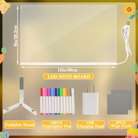 Acrylic Dry Erase Board with Light Up Stand for Desk 12x 8inch, LED Note Board with Colors Light up Dry Erase Board Light Drawing Memo Board Glow Message Board with 12 Pens Holiday Gift for Kid Adult