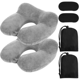 Sintuff 2 Pack Inflatable Travel Pillow for Airplanes Inflatable Neck Pillows with Compact Bag and Blindfold Soft Flight Pillow for Traveling, Airplane, Train, Car, Office(Gray)