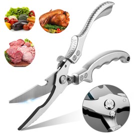 DJLLA Poultry Scissors Kitchen Scissors Silver Stainless Steel Multi-Purpose Scissors Professional Household Scissors with Safety Lock Spring Mechanism for Turkey, Fish, Vegetables, Goose, BBQ,