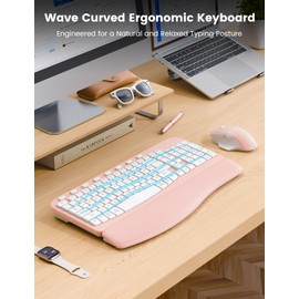 SABLUTE Wireless Keyboard and Mouse Combo, Ergonomic Wave Keys, Cushioned Plam Rest, Comfortable Silent Natural Typing, 2.4G Lag-Free, Full Size Keyboards Cordless Set for Multi-OS, Windows/Mac, Pink
