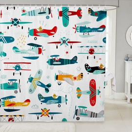 Cute Airplane Shower Curtain Kids Boys Cartoon Plane Bathroom Curtain Colorful Aviation Aircraft Waterproof Curtain Graffiti Star Lines White Bath Curtain Teens Bathtub Decor,12 Hooks,72" Wx72 L