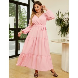 KOJOOIN Women's Plus Size V Neck Wrap Maxi Dress High Waist Ruffle, Long Sleeve Pink