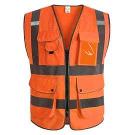 XIAKE 9 Pockets High Visibility Reflective Safety Vest, Zipper Front, Meets ANSI/ISEA Standards(Large,Orange)