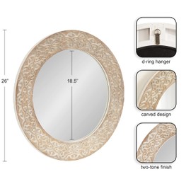Kate and Laurel Engrahm Engraved Wooden Round Modern Farmhouse Distressed Circle Mirror with Carved Wood Frame, 26" Diameter, Rustic Brown and White