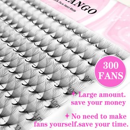 CoMango Premade Fans Eyelash Extensions 300 Fans 16D Volume 0.05mm C curl 11mm Sharp Narrow Stem Clusters Thin Pointy Base Russian Pre Fanned Fluffy Matte Black (300Fans-16D-0.05-C-11MM)