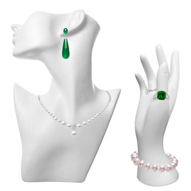 YANGSHINE Set of 2 Pcs Jewelry Mannequin Display Set Head Bust Holder Mannequin Earring Stand Female Mannequin Hand Bracelet Ring Stand for Selling Show Home Decor,White