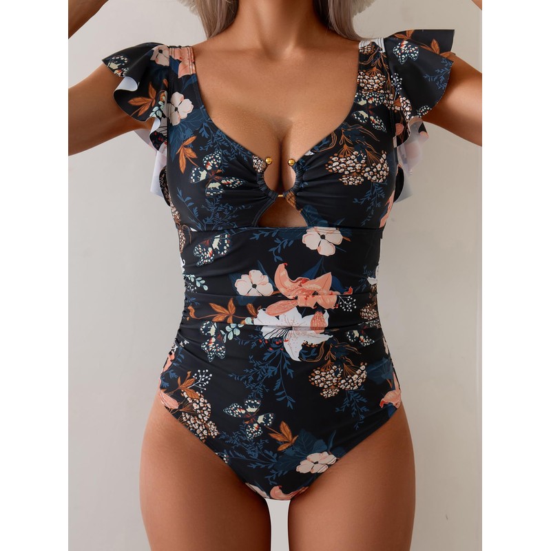 Eomenie Womens Ruffled One Piece Swimsuit Tummy Control Curvy Bathing