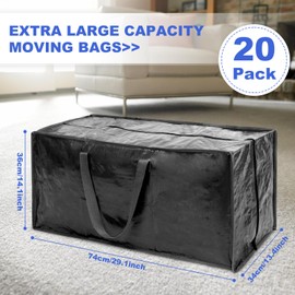 Black Moving Bags - 20 Pack Extra Large Heavy Duty Storage Bags With Zipper & Reinforce Handles | 29x14x13 Inch Moving Tote Bags Bulk For Clothing, Shoes, Travel
