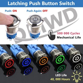 DMWD 5Pcs 16mm Metal Latching Push Button Switch Waterproof Silver Shell 12V-24V 1NO 1NC ON-Off for 5/8" Mounting Hole with Pigtail Power Symbol Blue LED