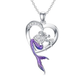 VONALA Mermaid Necklace 925 Sterling Silver Heart Pendant Purple Little Mermaid Necklace Ocean Beach Jewellery Gift for Women