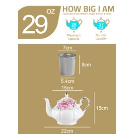Sweejar Ceramic Teapot with Infuser, Floral Relief Gold Rimmed Teapot, 29 OZ Porcelain Tea Pot for Blooming and Loose Tea, Coffee...(Camellia)