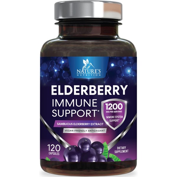 Premium Sambucus Elderberry Capsules 1200 mg, Extra Strength 10:1 Black Elderberry Extract, Nature’s Immune Support Vitamin Supplement, Elder Berry Vitamins, Gluten Free, Non-GMO - 120 Capsules
