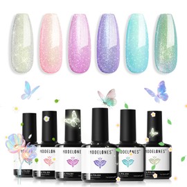 modelones Gel Nail Polish Set, 6 Colors Sping Pastel Candy Mermaid White Pink Glitter Gel Polish Baby Blue Purple Galaxy Sparkle Shimmer Pearl Nail Gel Polish Soak Off LED Nail Art Gel Salon DIY Gift