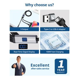 SUPERV 5in1Multi Fast Charging Cable,USB Cable Digital Display, Nylon Braided USB A to USB Type C/Lightning/Micro USB 3.94ft,100W Fast Charging for iPhone16/15, Galaxy S24, MacBook Pro, and More