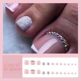 24 Piece Rhinestone French Square False Toenails - Nude Glitter Full Coverage with Convenient Press-On Design - Ideal for Daily Wear and Easy Decoration for Women and Girls