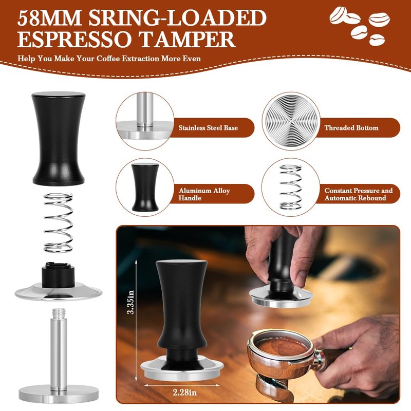 Adjustable Depth Espresso Tamper Set: 58mm Spring Loaded Espresso Distributor