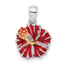 JewelryWeb 925 Sterling Silver Rhodium Plated Polished Enameled Red Hibiscus Pendant Necklace-Pendant for Women