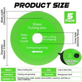 4 Inch Glass Cutting Disc for 4-1/2" Angle Grinder, 5 Pack Glass Ceramic Diamond Cutting Blade Disc 7/8" Hole (Model 115/125) for Glass Tile Marble Ceramic Jade,Crystal, Wine Bottles, Tile