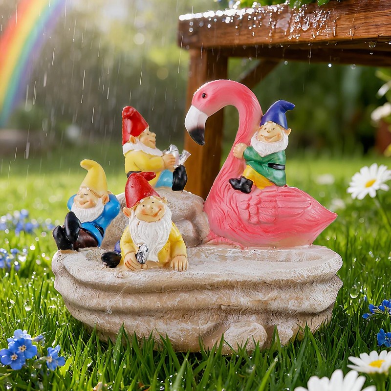 Solar-Powered Garden Gnomes and Flamingo Lantern Set with Mushroom Lights,