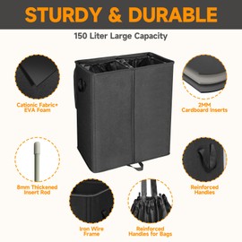 BOHOMDEC Double Laundry Hamper with Lid and Removable Laundry Bags,150L Large Laundry Basket 2 Section,28" Tall Dirty Clothes Hamper 2 Dividers for Bedroom,Laundry Room,Bathroom,Dorm Black