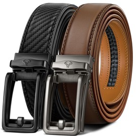 BULLIANT Men Belt 2 Pack, Ratchet Click Sliding Leather Belt for Men 1 3/8,Cut for Fit(Black/Tawny,40"-46" Waist Adjustable)