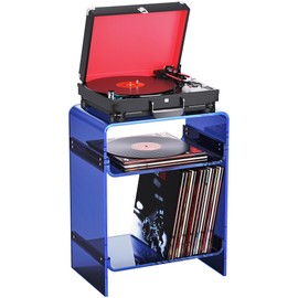 Acrylic Record Player Table with Storage Shelf, Clear Side Table Nightstand (Dark Blue)
