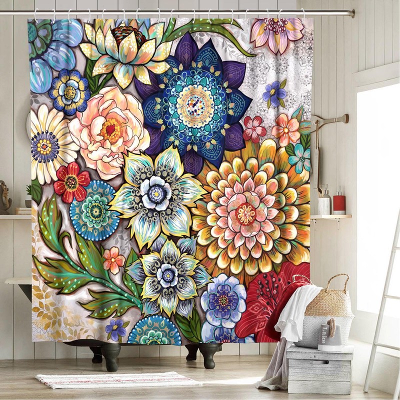 Neasow Boho Floral Shower Curtains for Bathroom, Bright Fabric Blossom