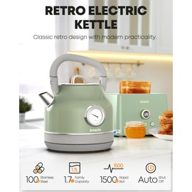 Amaste Electric Kettle, Retro Electric Tea Kettle with Thermometer, 57 Oz Hot Water Kettle for Coffee & Tea, 304 Stainless Steel, 1500W Fast Boiling, Auto Shut-Off & Boil Dry Protection, Matcha Green