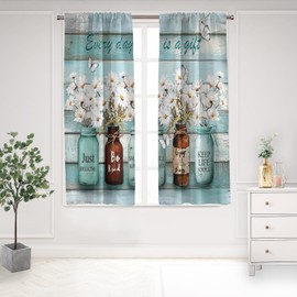 EOVDSFW Teal Window Curtains Vintage Turquoise Aqua Farmhouse Floral Flower Retro Wildflower Country Pretty Natural Drapes 2 Panels Rustic Wooden for Living Room Bedroom Daisy Decor 42 x 63 Inch