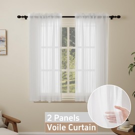 Pacok White Voile Curtains, 45 Drop 2 Panels Net Curtain for Windows, Rod Pocket Sheer Curtain Panel Voile Curtains for Living Room Kitcken Bedroom W56xL45 Inch(White, 142 x 114cm)