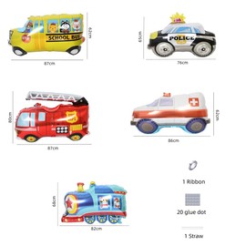 Pack of 5 School Bus Fire Engine Train Ambulance Police Foil Balloons for Children Car Themed Birthday Party Decorations