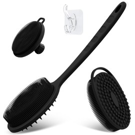 GEENOA Silicone Back & Body & Face Scrubber Set 3PCS, Gentle Exfoliating Back & Body Scrubber with Dual-Side Brush Head, Hygienic Silicone Loofahs with Soft Bristle and Non-Slip Handle(Black-3PC)