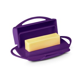 Butterie Flip-Top Butter Dish with Lid & Matching Knife, Holds 2 Sticks/Kerrygold Butter, No-Mess Butter Holder, Shatterproof, Dishwasher Safe, Purple