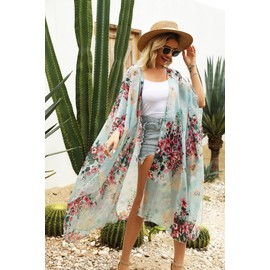 Hibluco Women's Summer Chiffon Floral Kimono Cardigan Long Swimwear Cover Ups