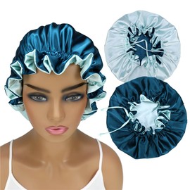 Adjustable Silk Satin Bonnet Hair Care Caps for Women Girls Loose-fitting Reversible Sleeping Cap Shower Caps Hair Wrap Bonnets (005 Peafowl/Aqua)