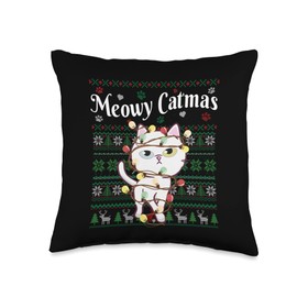 G2T Funny Christmas Outfit Meowy Catmas Cat Fairy Xmas Light Ugly Christmas Sweater Throw Pillow, 16x16, Multicolor