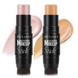 DE'LANCI - Lápiz de maquillaje con pincel, 2 unidades de resaltador de contorno en crema con brocha, nuevo iluminador hidratante y corrector en barra,