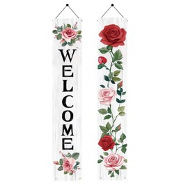 Starlit Patio 2PCS Welcome Spring Summer Porch Sign Hanging Door Banner Rose Flowers Rustic Wood Style Decorations for Front Door Seasonal Holiday Wedding Yard Wall Party Supplie 71 x 12 Inch