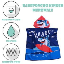 FEBE Bath Poncho Children's Surfing Shark Bath Towel with Hood Bathrobe for Toddlers