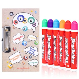 evelay Bingo Board & 6 Coloured Dabbers Clasp Clip Small Lucky Clip Board Colourful
