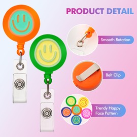 6Pcs Colorful Faces Badge Reel, Cute Work Badge Holder with Retractable Clip, Nurse Accessories Name Tag ID Clip Holder for Office School Hospital Teacher