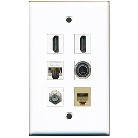 RiteAV - 2 HDMI 1 Port Coax Cable TV- F-Type 1 Port Phone RJ11 RJ12 Beige 1 Port 3.5mm 1 Port Cat5e Ethernet White Wall Plate