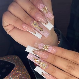 BABALAL Long Square Press on Nails White Fake Nails French Tip Stick ons Nails Gold Butterfly Charm Luxury Glitter Design Acrylic Nails 24Pcs Squoval False Nails