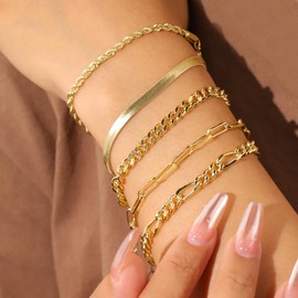Gold Bracelets for Women Dainty 14K Gold Paperclip Rope Figaro Herringbone Cuban Link Chain Bracelet Adjustable Layered Bracelets for Girls Trendy Metal Cute Fashion Jewelry Gifts (5 Pcs)