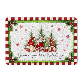 Chicimln Christmas Winter Gnome Door Mat, Red and White Plaid Christmas Tree Doormat for Indoor Outdoor Entrance Porch, Holiday Xmas Gnomes Welcome Mats for Front Door Entryway, 17x30 Inches