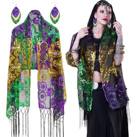 Breathffy Mardi Gras Glitter Shawl Scarf Costume with Earrings for Women Costume Accessory Set for Women Mardi Gras Masquerade Carnival Parade Party