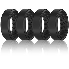 Dookeh Breathable Mens Silicone Wedding Rings, Rubber Ring Bands For Men, Black Blue Camo Engagement Band, Best for Workout, 1-4-7 Pack (K-All Black, 11)