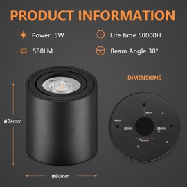 GeyouLux Dimmable Overhead Spotlight, Round Black Ceiling Light, 8 x 8.4 cm, Living Room, Kitchen, Bedroom, 5W, 580LM, 3000K/4000K/6500K, Aluminium, Surface Mounted